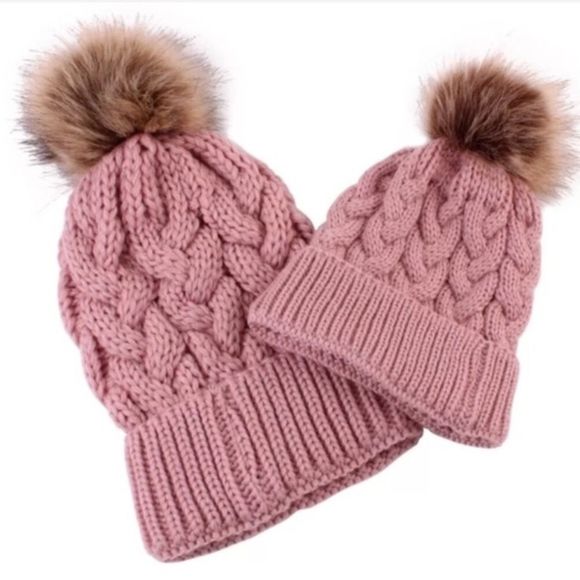 MOM & BABY Pink Crochet Cable Knit Pom Pom Beanie Winter Hats - Picture 1 of 8
